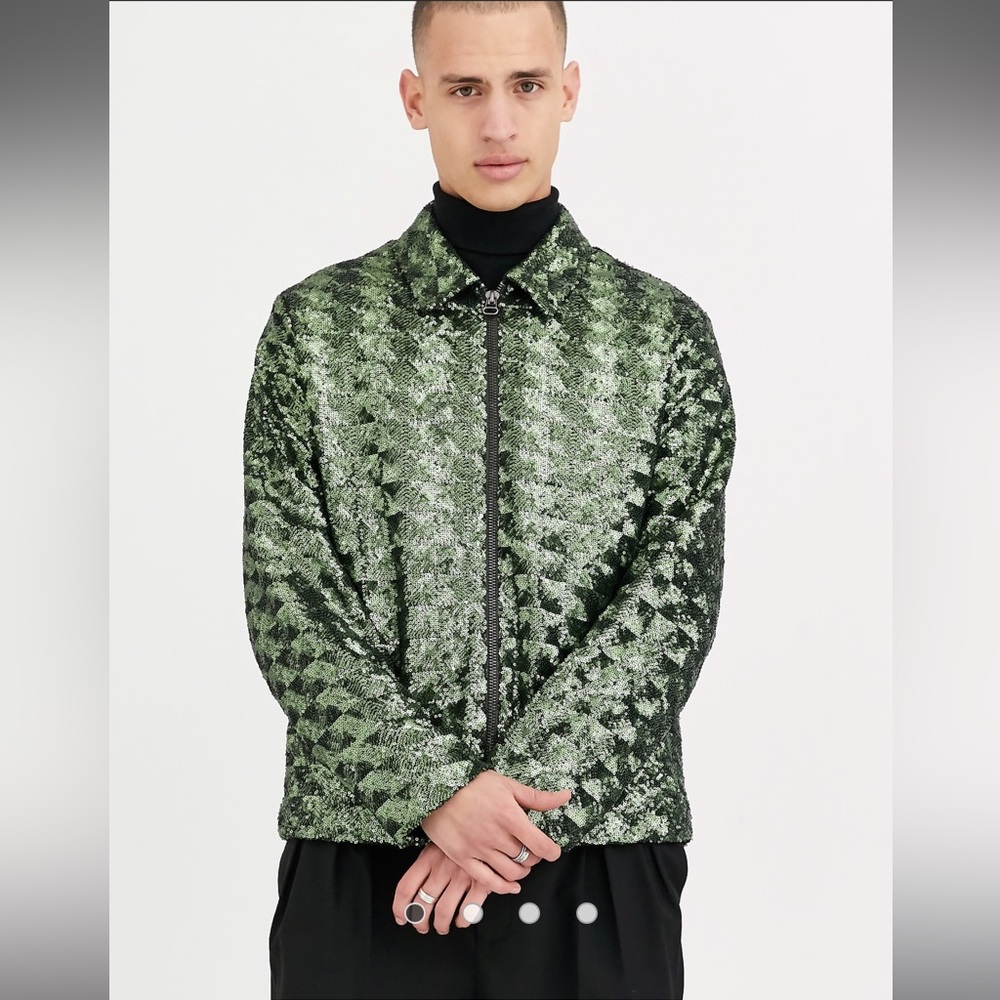 ASOS DESIGN Men’s Harrington Jacket in Green Sequin - Picture 4 of 6